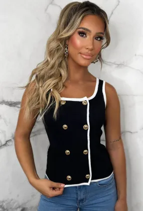 Classique Charm Black Double Button Knit Vest Top