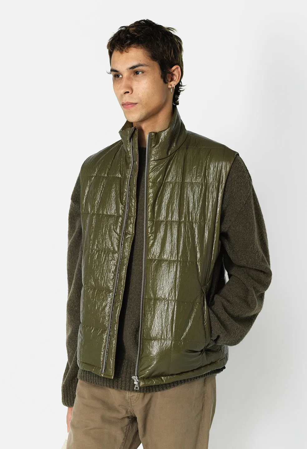 Coated Nylon Puffer Vest  / Olive