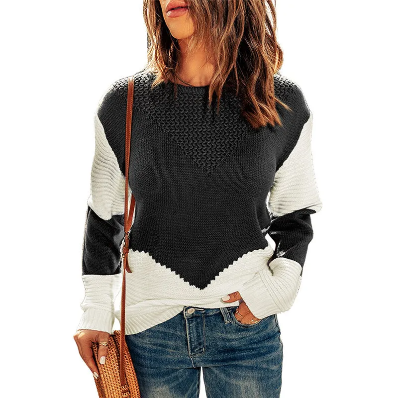 Contrast Color Pullover Round Neck Long Sleeve Top