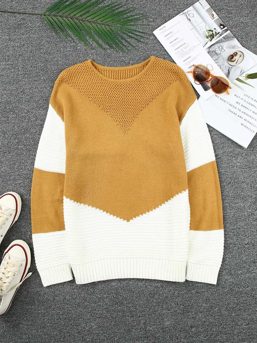 Contrast Color Pullover Round Neck Long Sleeve Top