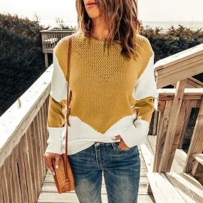 Contrast Color Pullover Round Neck Long Sleeve Top