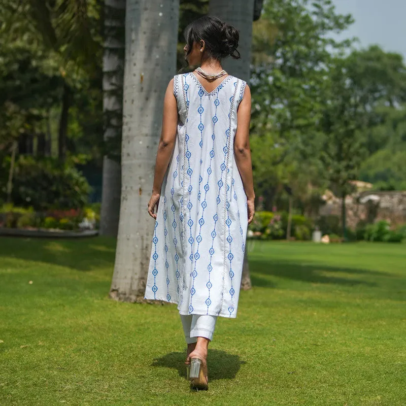 Cotton White Kurta Set for Women | Handblock Print | Sleeveless