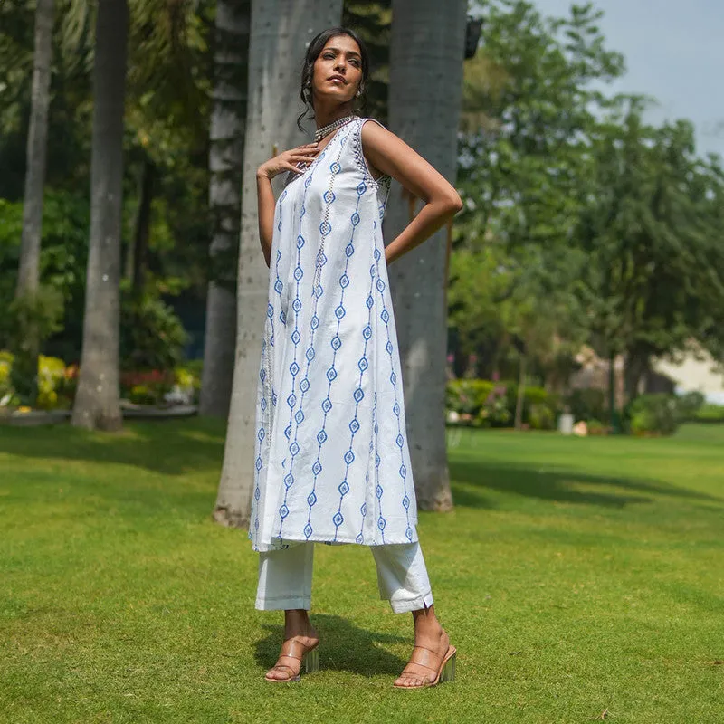 Cotton White Kurta Set for Women | Handblock Print | Sleeveless