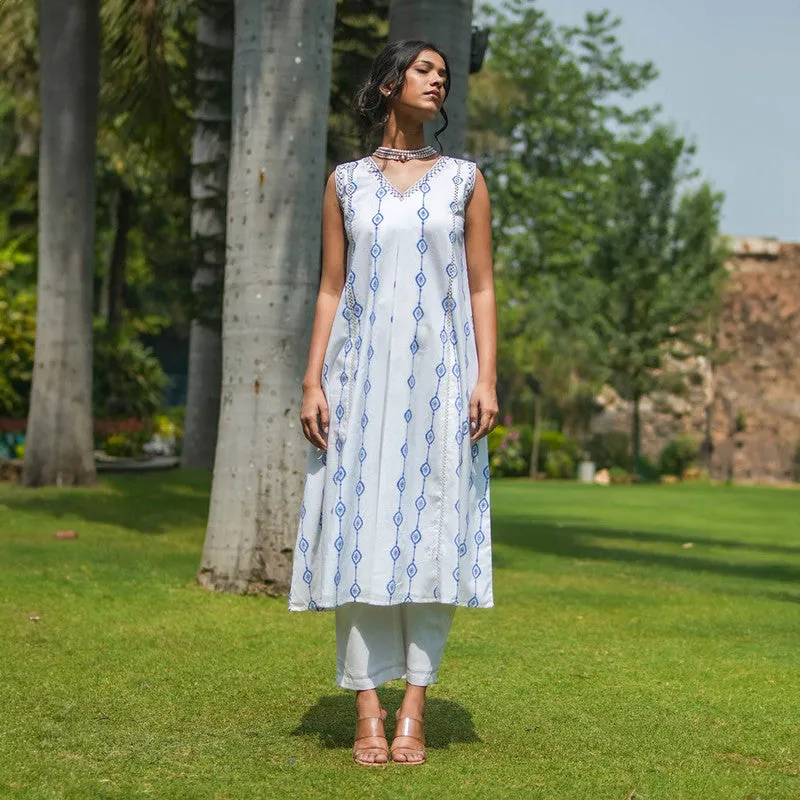 Cotton White Kurta Set for Women | Handblock Print | Sleeveless