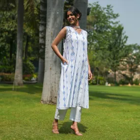 Cotton White Kurta Set for Women | Handblock Print | Sleeveless