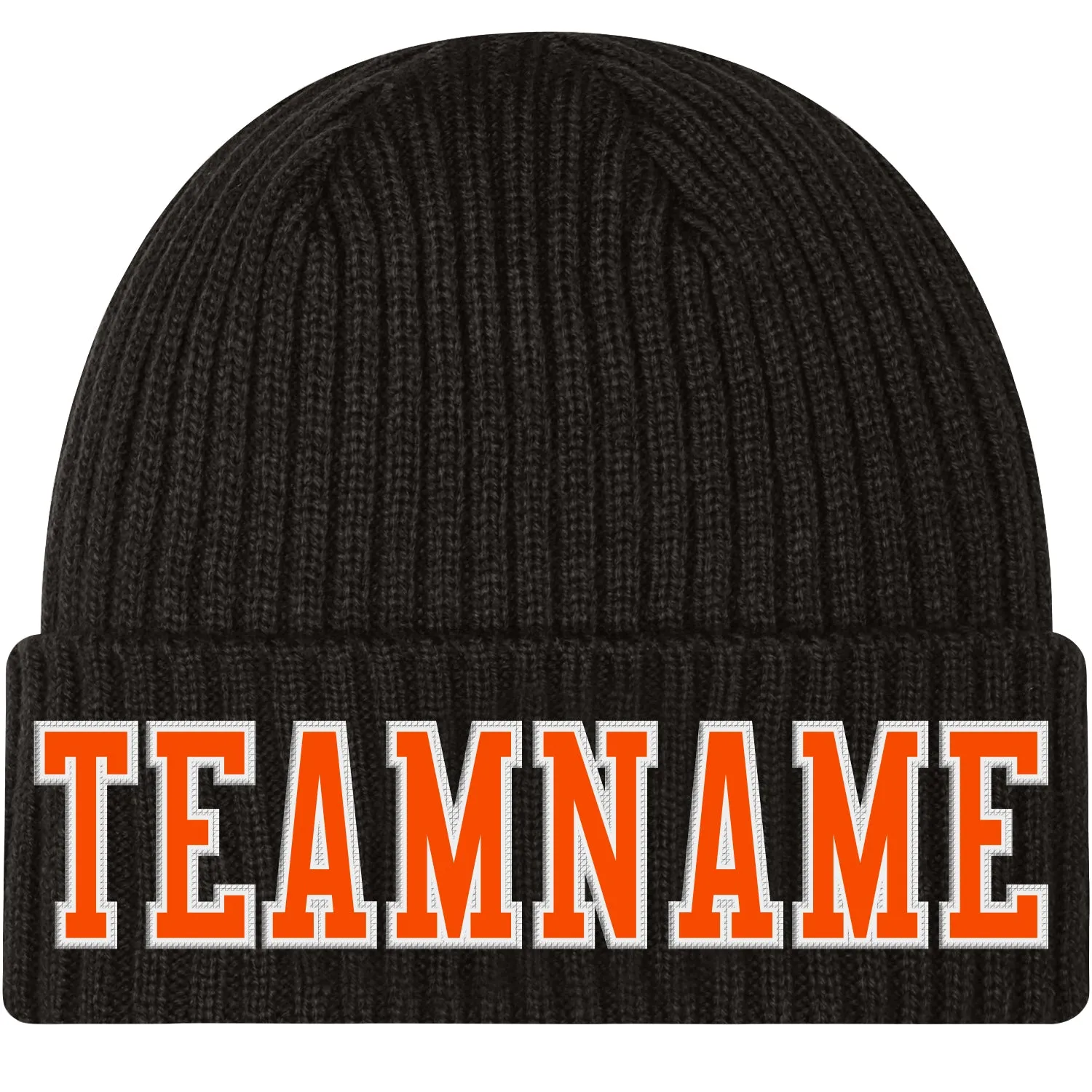 Custom Black Orange-White Stitched Cuffed Knit Hat