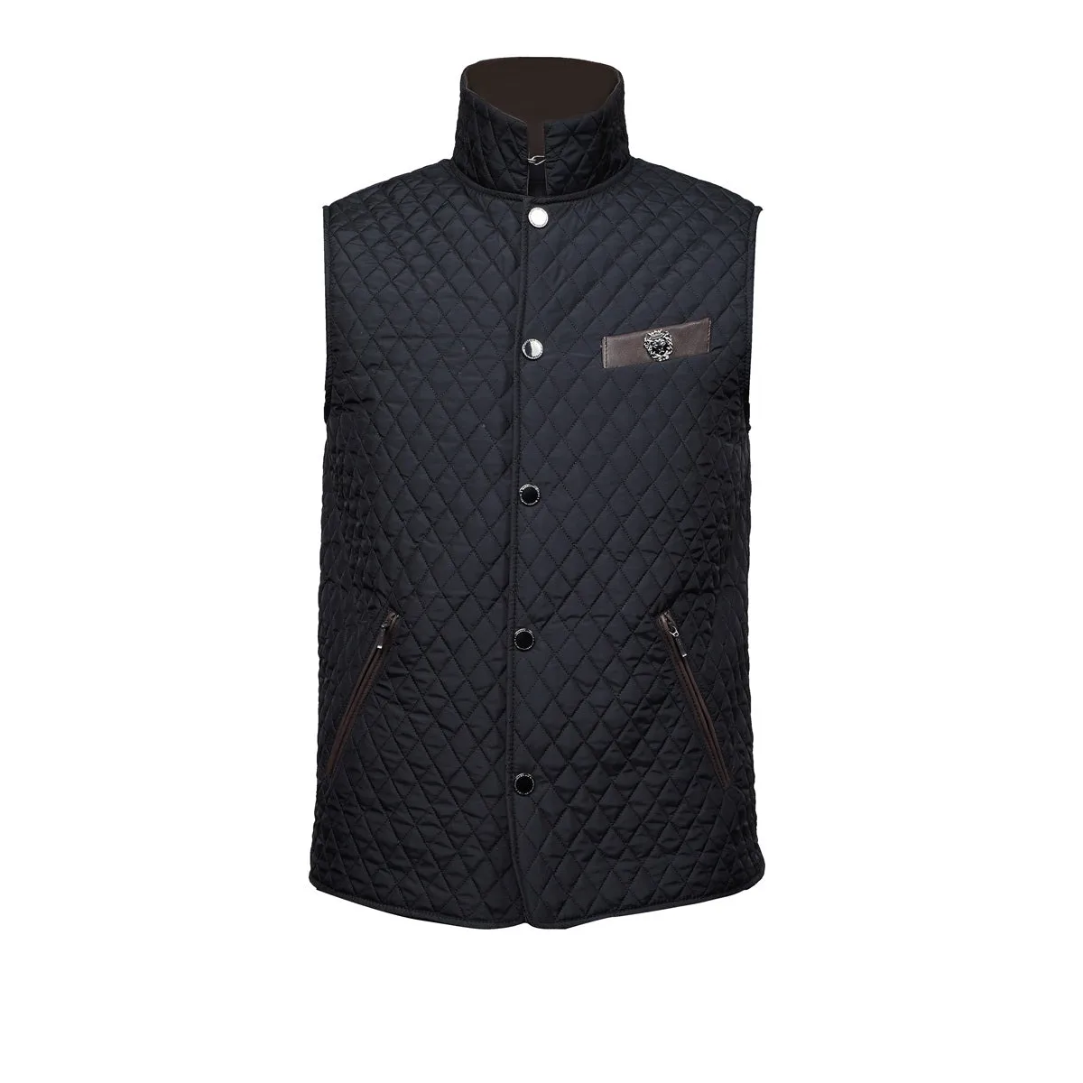 Diamond Stitched Black Puffer Vest with Dark Brown Leather Trims Collar & Pockets