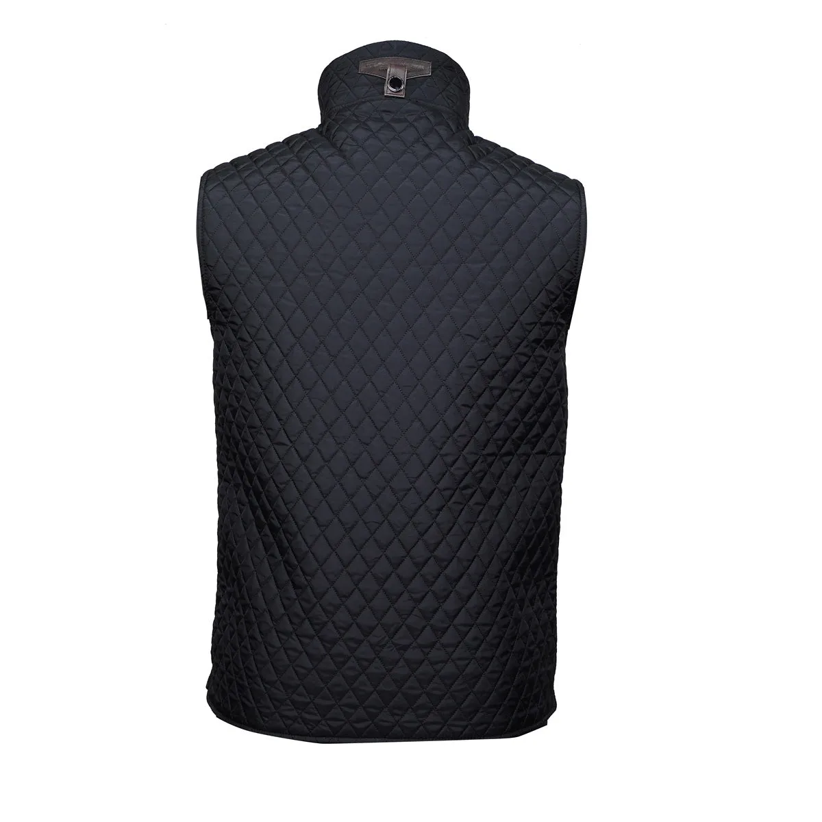 Diamond Stitched Black Puffer Vest with Dark Brown Leather Trims Collar & Pockets