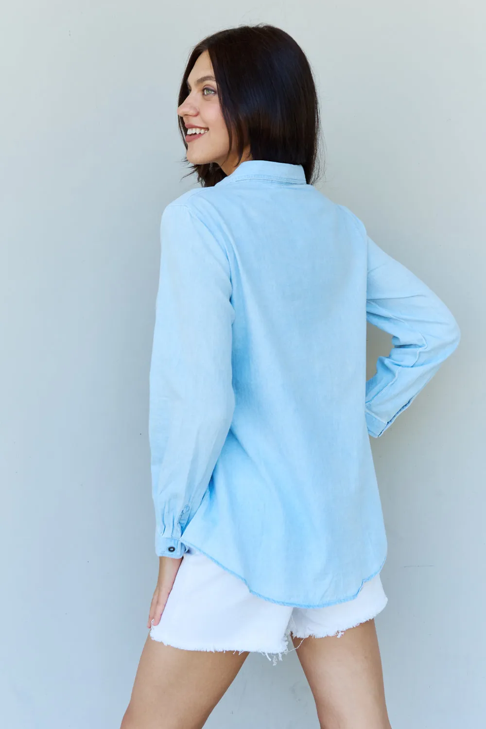 Doublju Denim Button Down Shirt Top in Light Blue