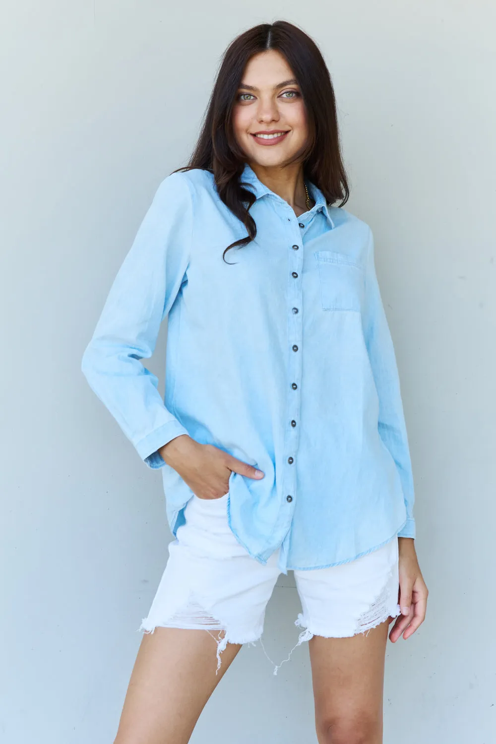 Doublju Denim Button Down Shirt Top in Light Blue