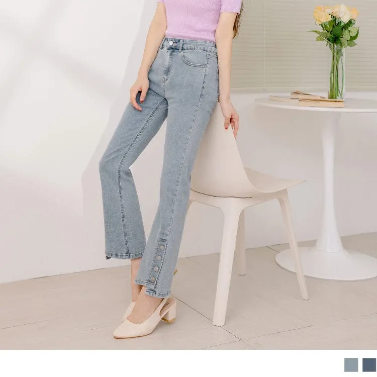 ELASTIC WAIST DENIM BUTTONS FLARED LONG PANTS