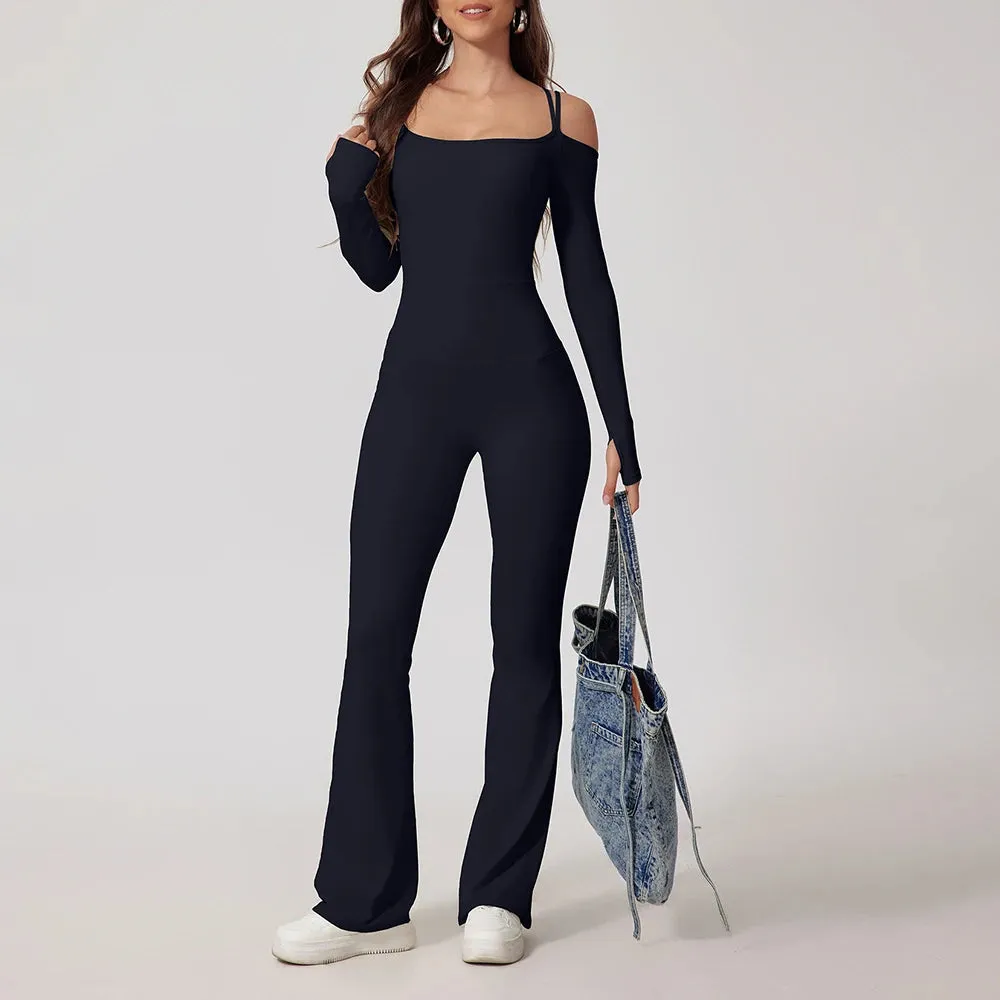 Flared Pants Yoga Jumpsuit – Off-Shoulder and Moisture-Wicking