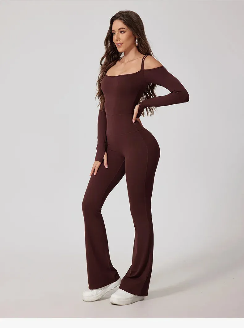 Flared Pants Yoga Jumpsuit – Off-Shoulder and Moisture-Wicking