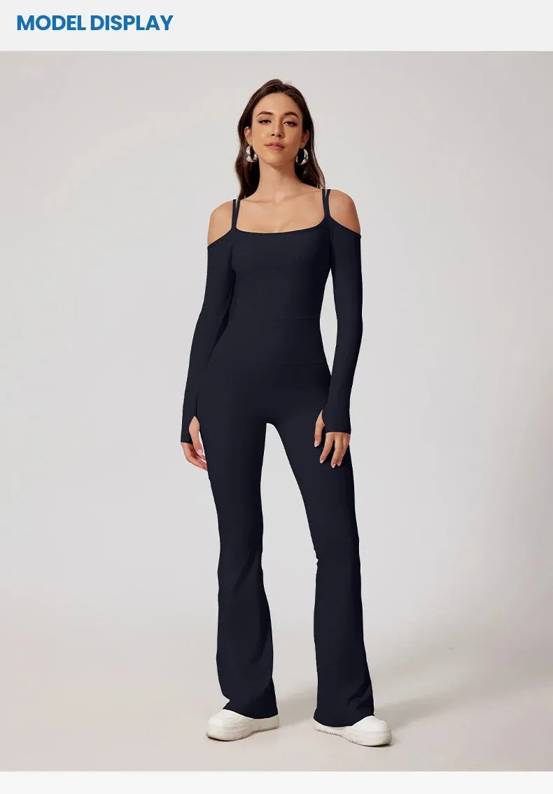 Flared Pants Yoga Jumpsuit – Off-Shoulder and Moisture-Wicking