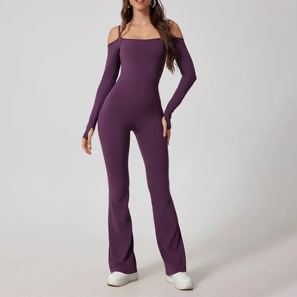 Flared Pants Yoga Jumpsuit – Off-Shoulder and Moisture-Wicking