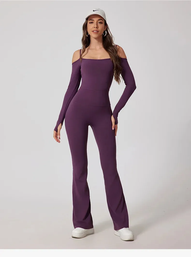 Flared Pants Yoga Jumpsuit – Off-Shoulder and Moisture-Wicking