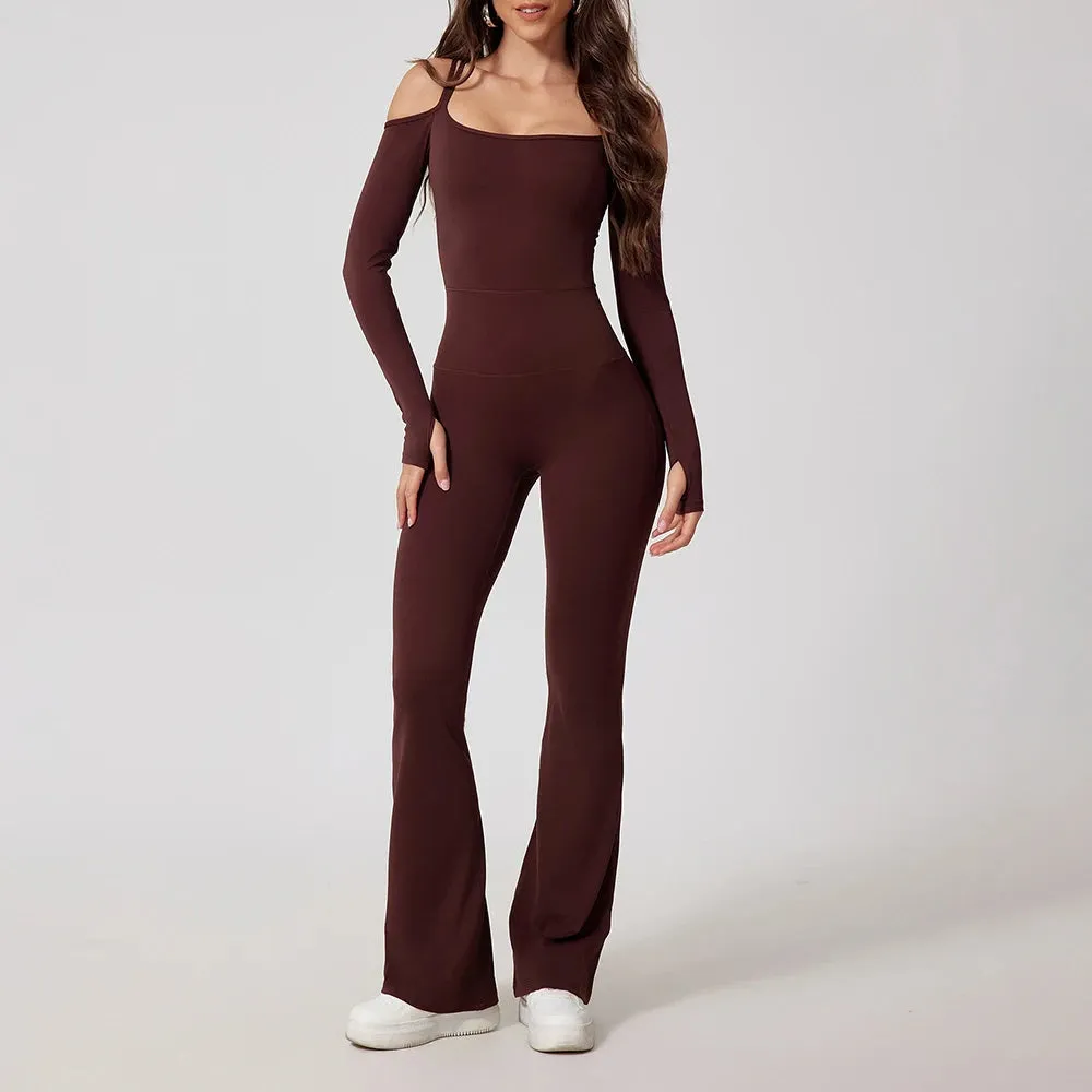 Flared Pants Yoga Jumpsuit – Off-Shoulder and Moisture-Wicking