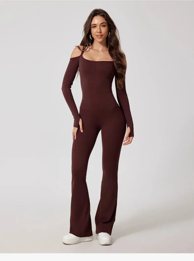 Flared Pants Yoga Jumpsuit – Off-Shoulder and Moisture-Wicking