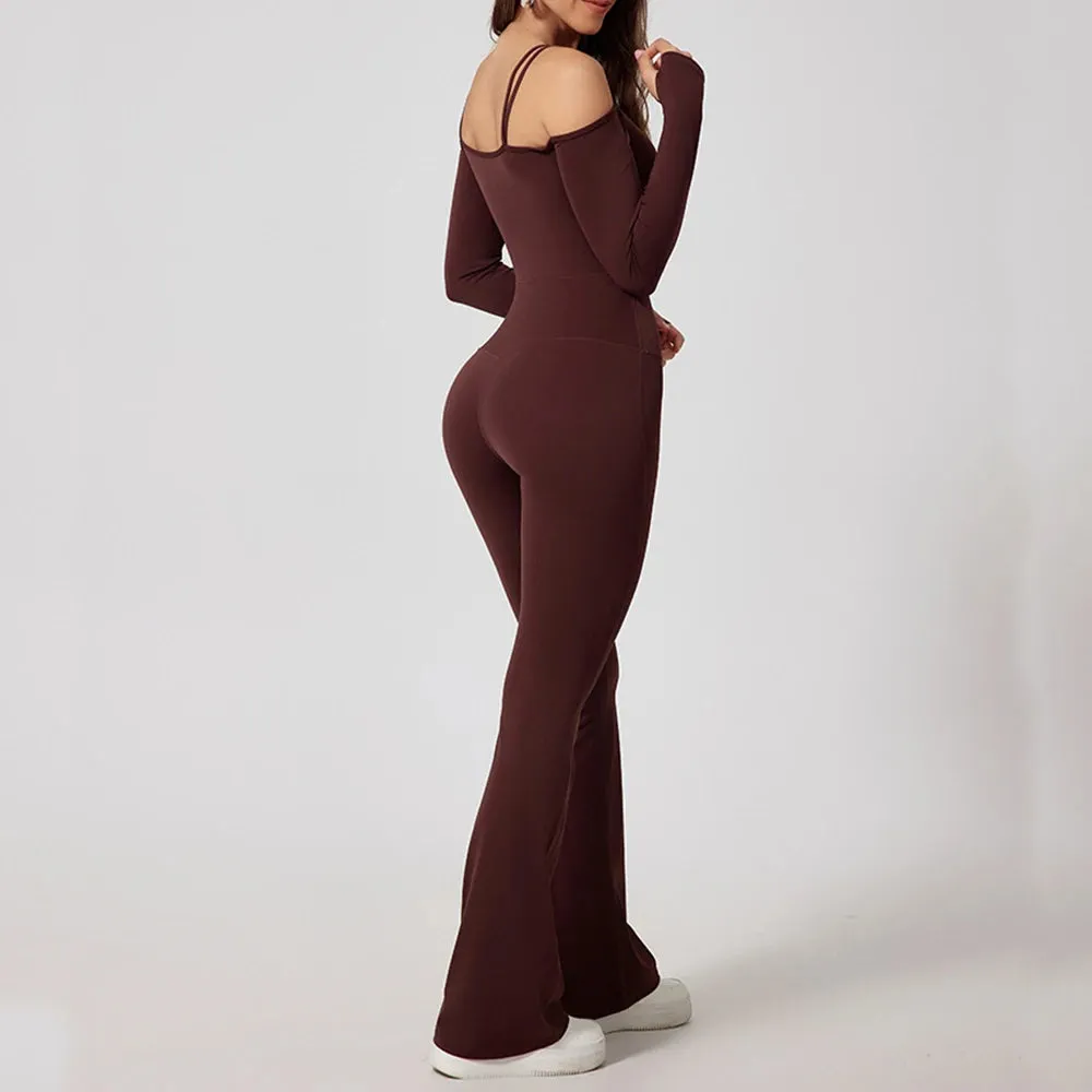 Flared Pants Yoga Jumpsuit – Off-Shoulder and Moisture-Wicking