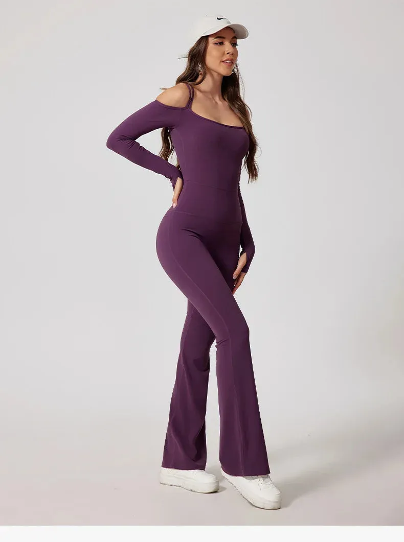 Flared Pants Yoga Jumpsuit – Off-Shoulder and Moisture-Wicking