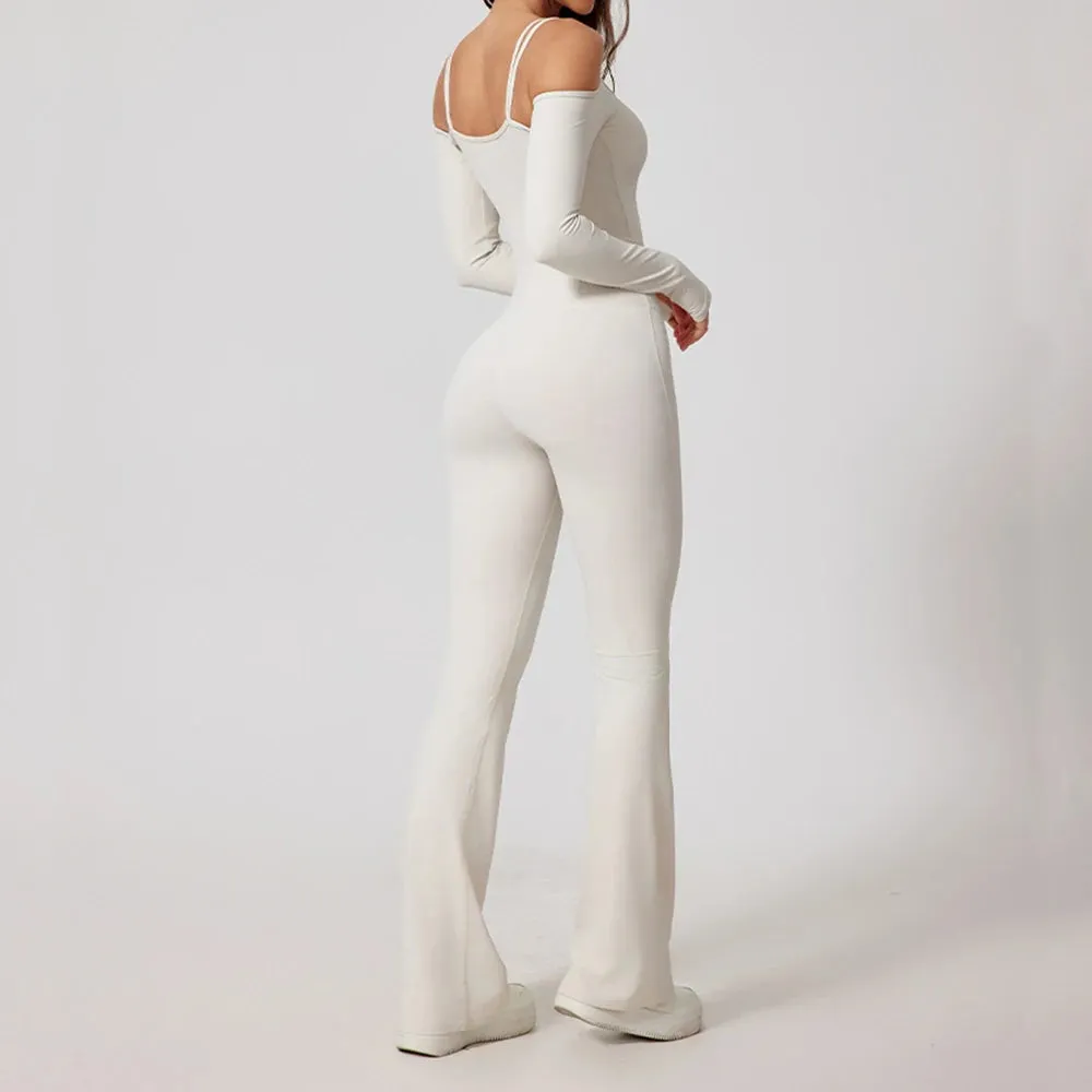 Flared Pants Yoga Jumpsuit – Off-Shoulder and Moisture-Wicking