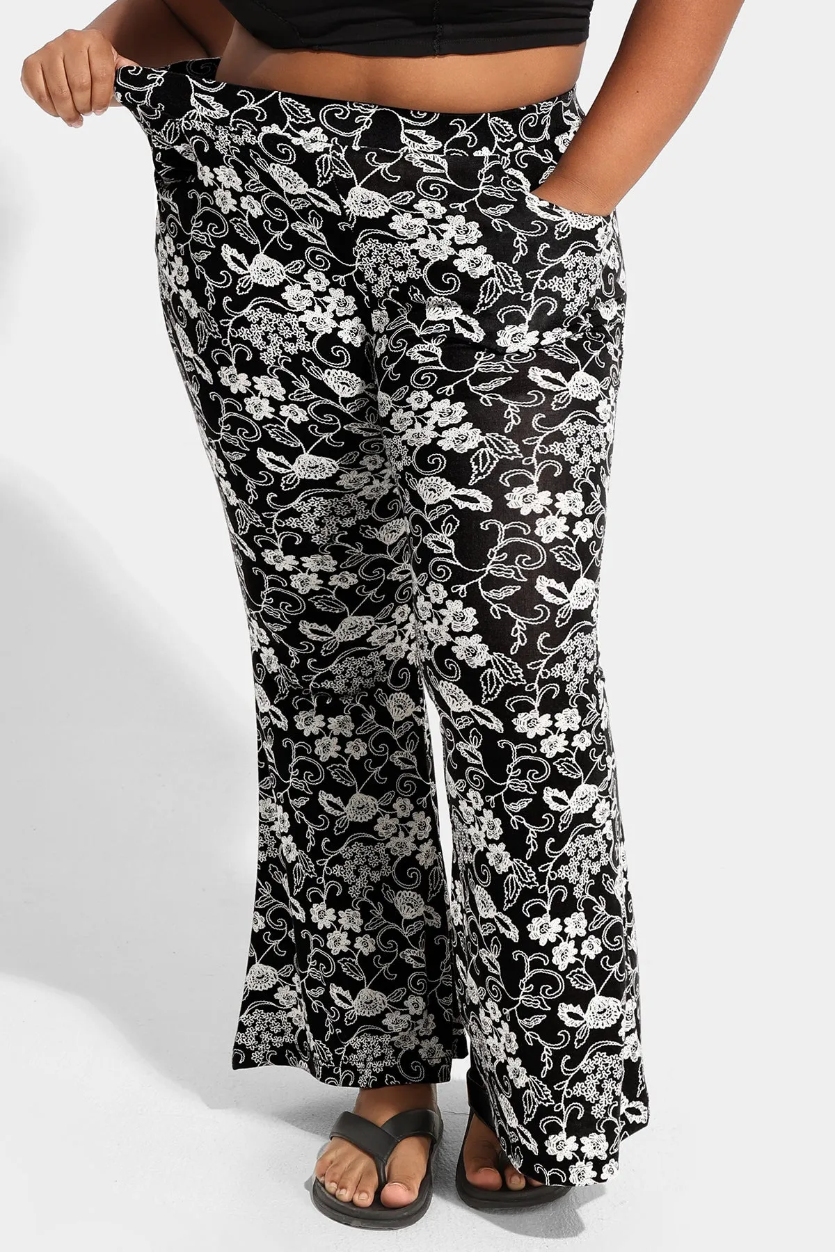 Floral Flared Streetwear Wide Leg Pants with Pockets