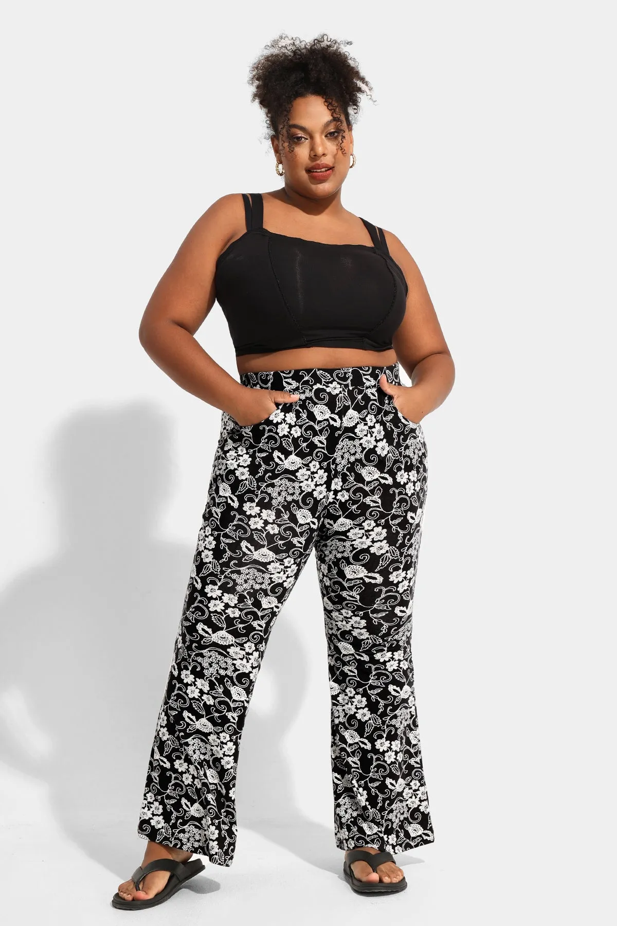 Floral Flared Streetwear Wide Leg Pants with Pockets