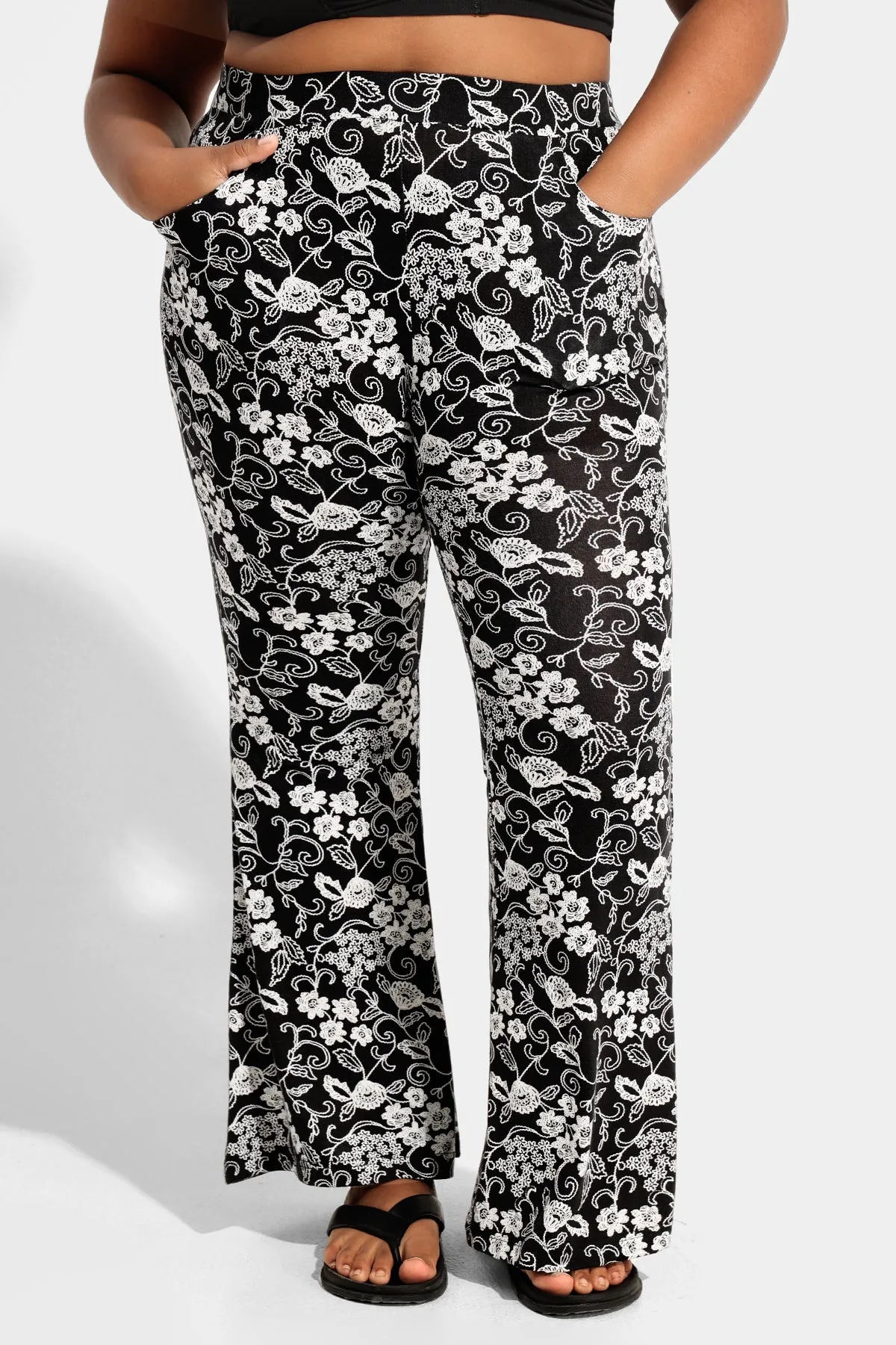 Floral Flared Streetwear Wide Leg Pants with Pockets