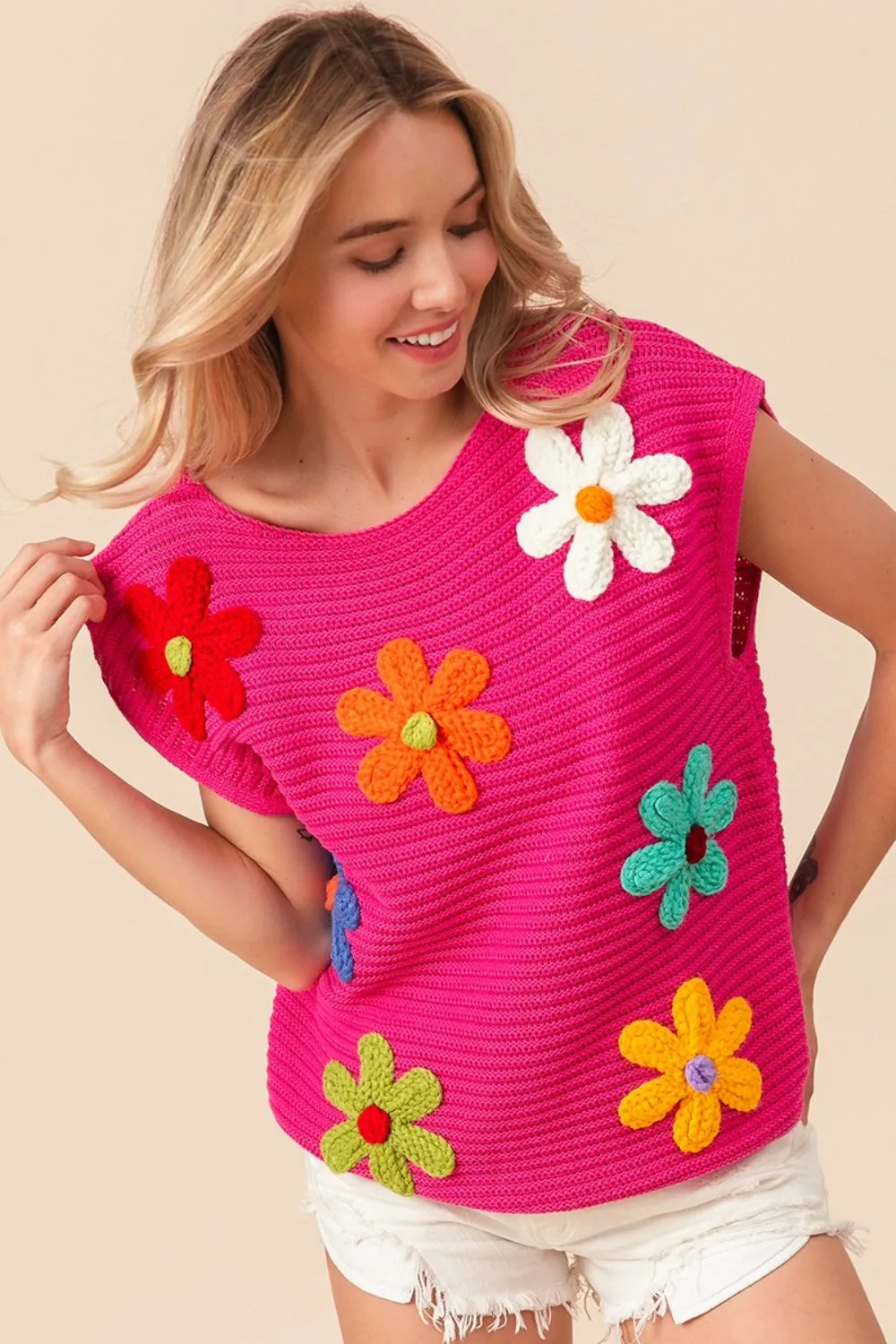 Flower Round Neck Cap Sleeve Knit Top