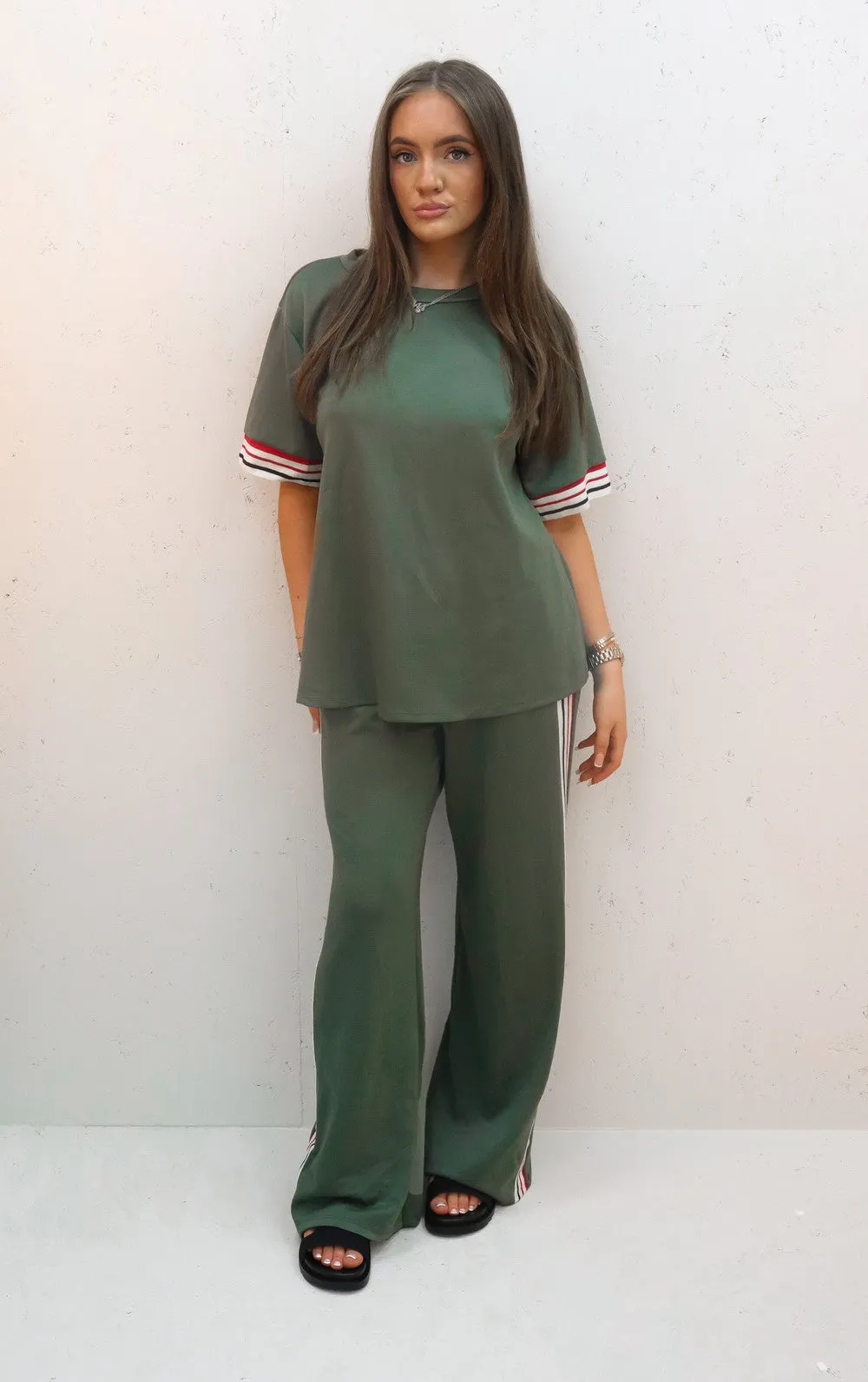 Gabbi Khaki Striped Straight Leg Jogger and T-shirt Co-ord