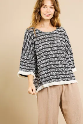 Heathered Striped Knit Bell Sleeve Round Neck Top in Charcoal