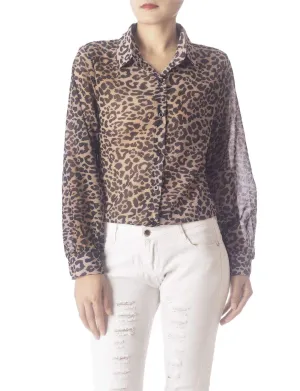 iB-iP Women's Leopard Patterned Casual Button Semi Sheer Long Sleeve Shirt