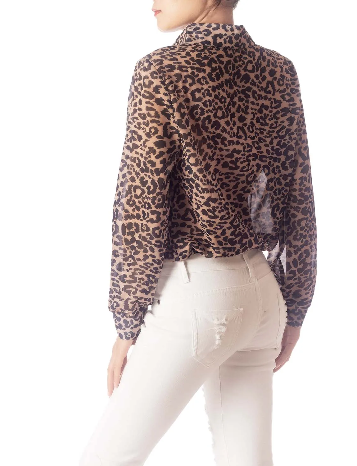 iB-iP Women's Leopard Patterned Casual Button Semi Sheer Long Sleeve Shirt