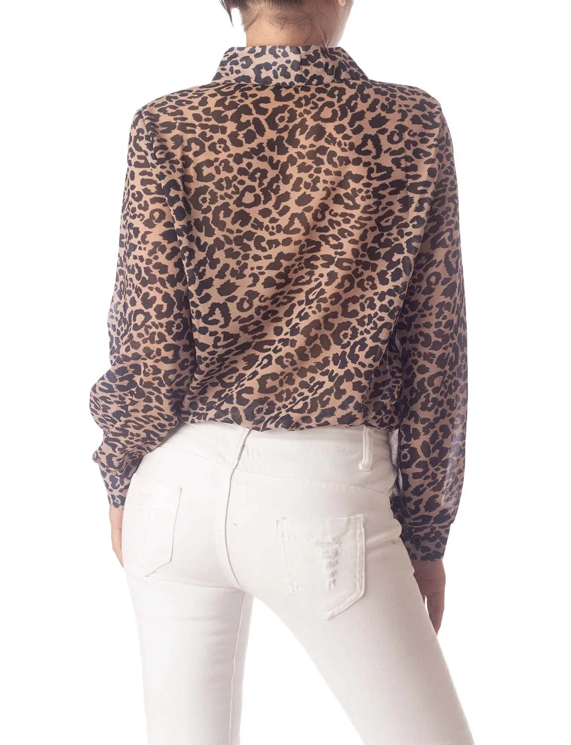 iB-iP Women's Leopard Patterned Casual Button Semi Sheer Long Sleeve Shirt