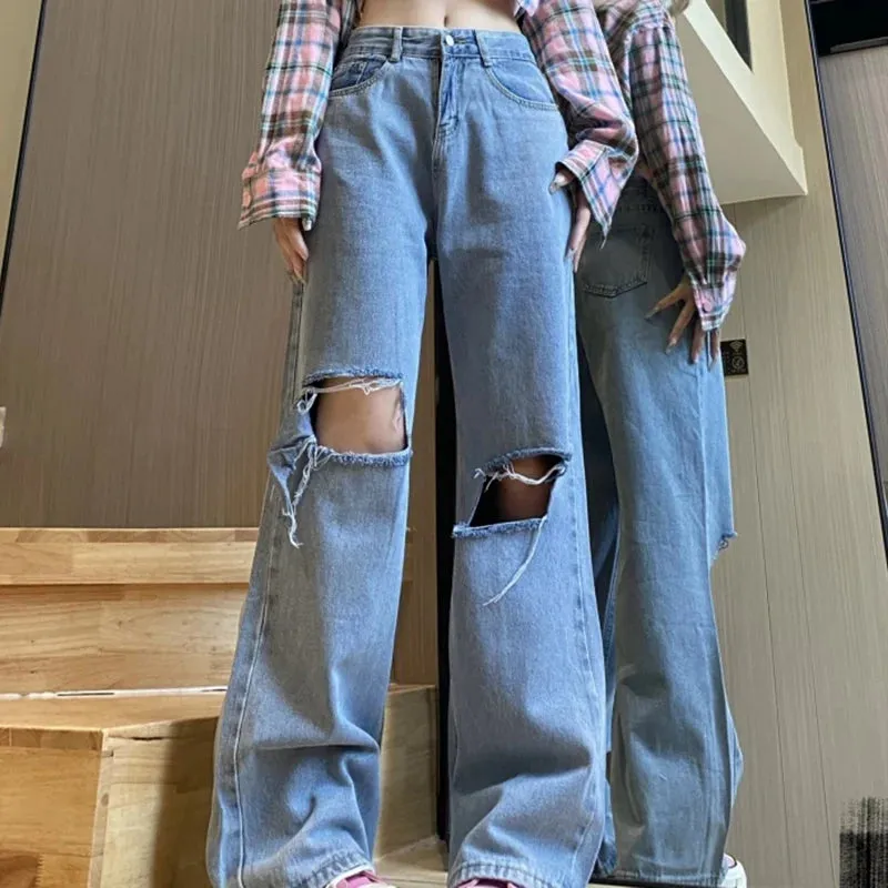 Ins Women Baggy High Waist Wide Leg Ripped Jeans Female High Street Retro Loose Wide Leg Pants Punk Slim Straight Leg Trousers