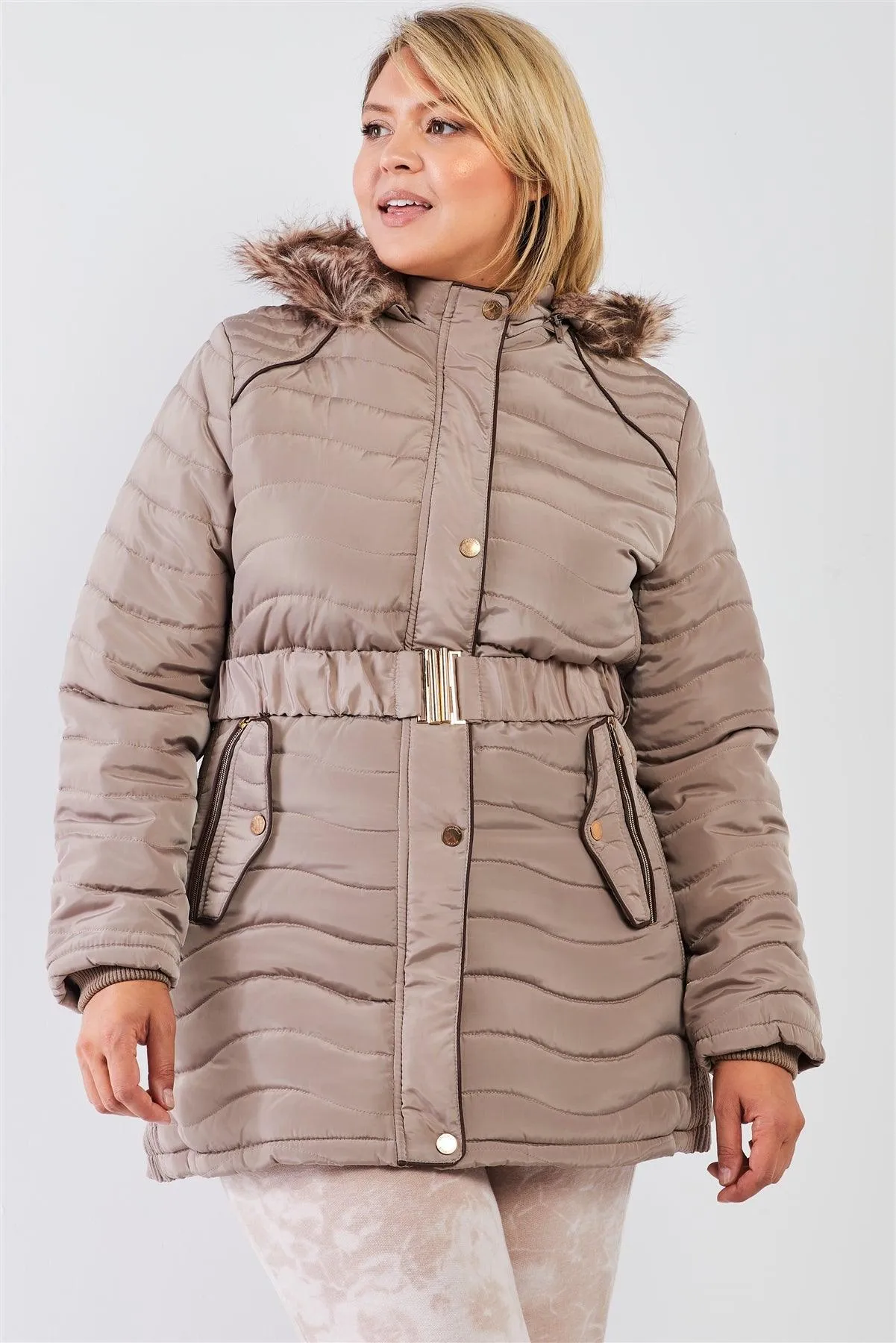 Junior Plus Beige-Tan Wavy Quilt Padded Faux Fur Detachable Hood Belted Long Puffer Jacket /1-1-1-1