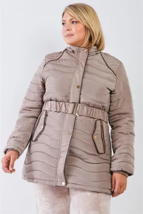 Junior Plus Beige-Tan Wavy Quilt Padded Faux Fur Detachable Hood Belted Long Puffer Jacket /1-1-1-1