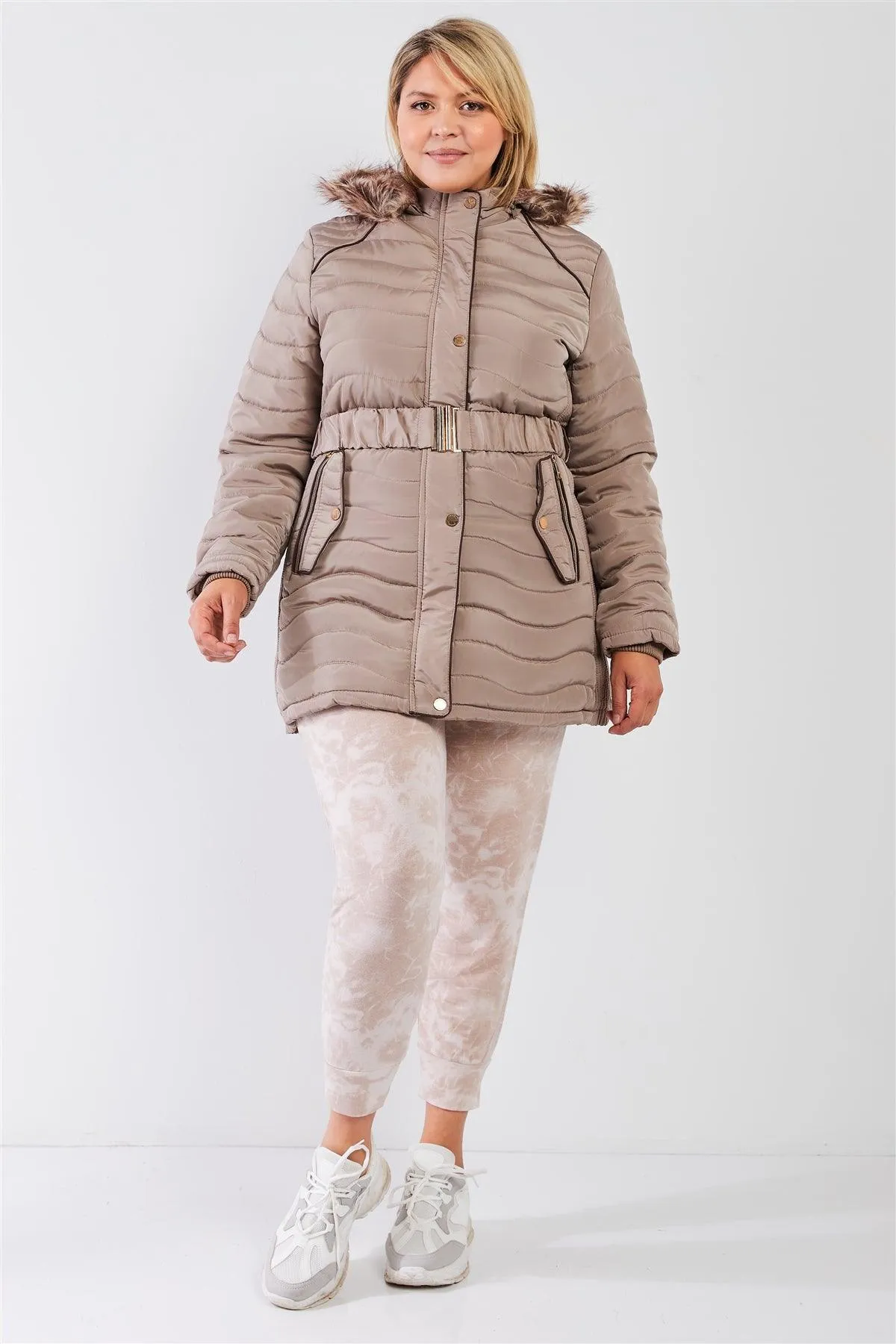 Junior Plus Beige-Tan Wavy Quilt Padded Faux Fur Detachable Hood Belted Long Puffer Jacket /1-1-1-1