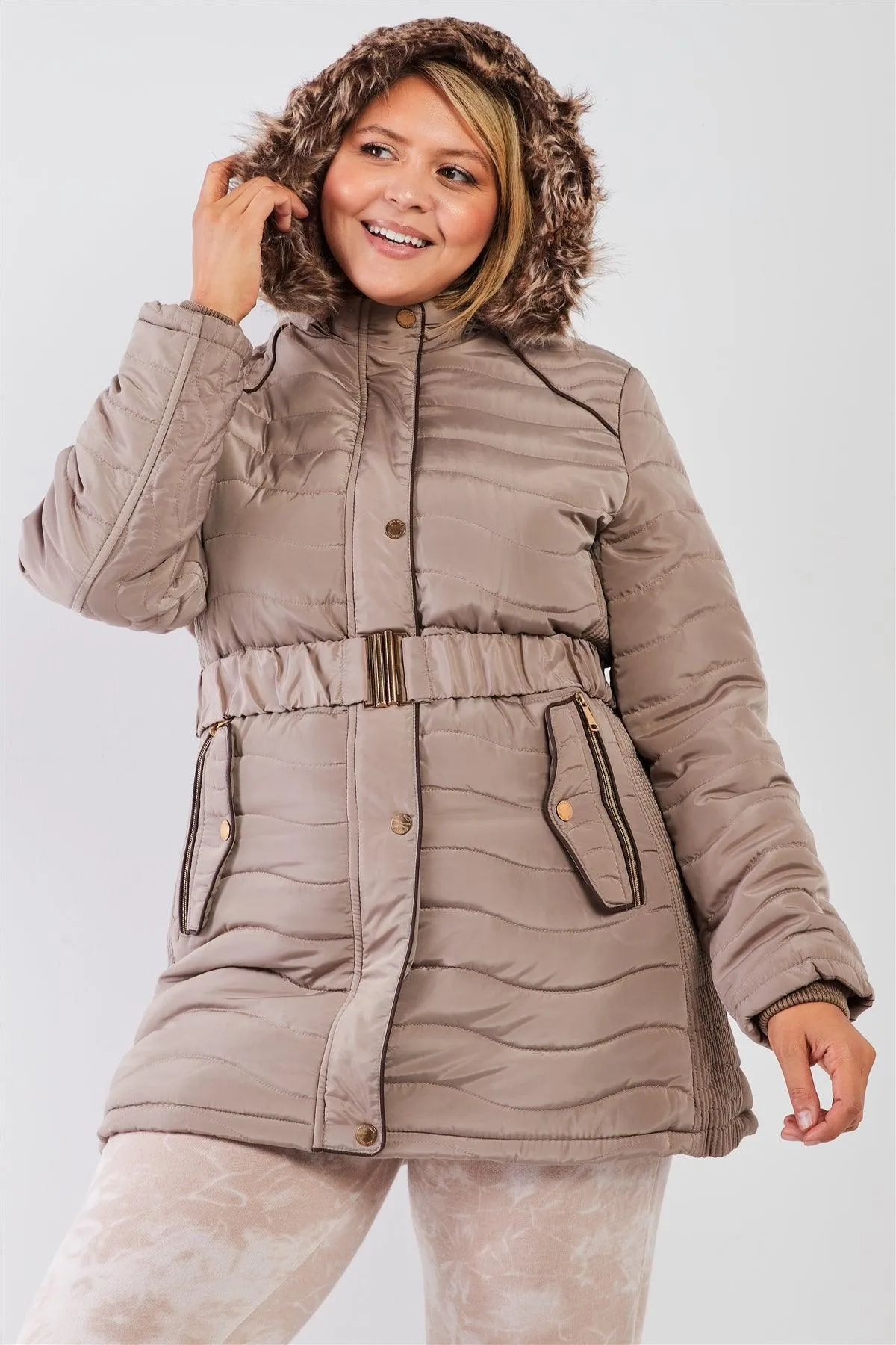 Junior Plus Beige-Tan Wavy Quilt Padded Faux Fur Detachable Hood Belted Long Puffer Jacket /1-1-1-1