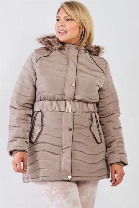 Junior Plus Beige-Tan Wavy Quilt Padded Faux Fur Detachable Hood Belted Long Puffer Jacket /2-1-1