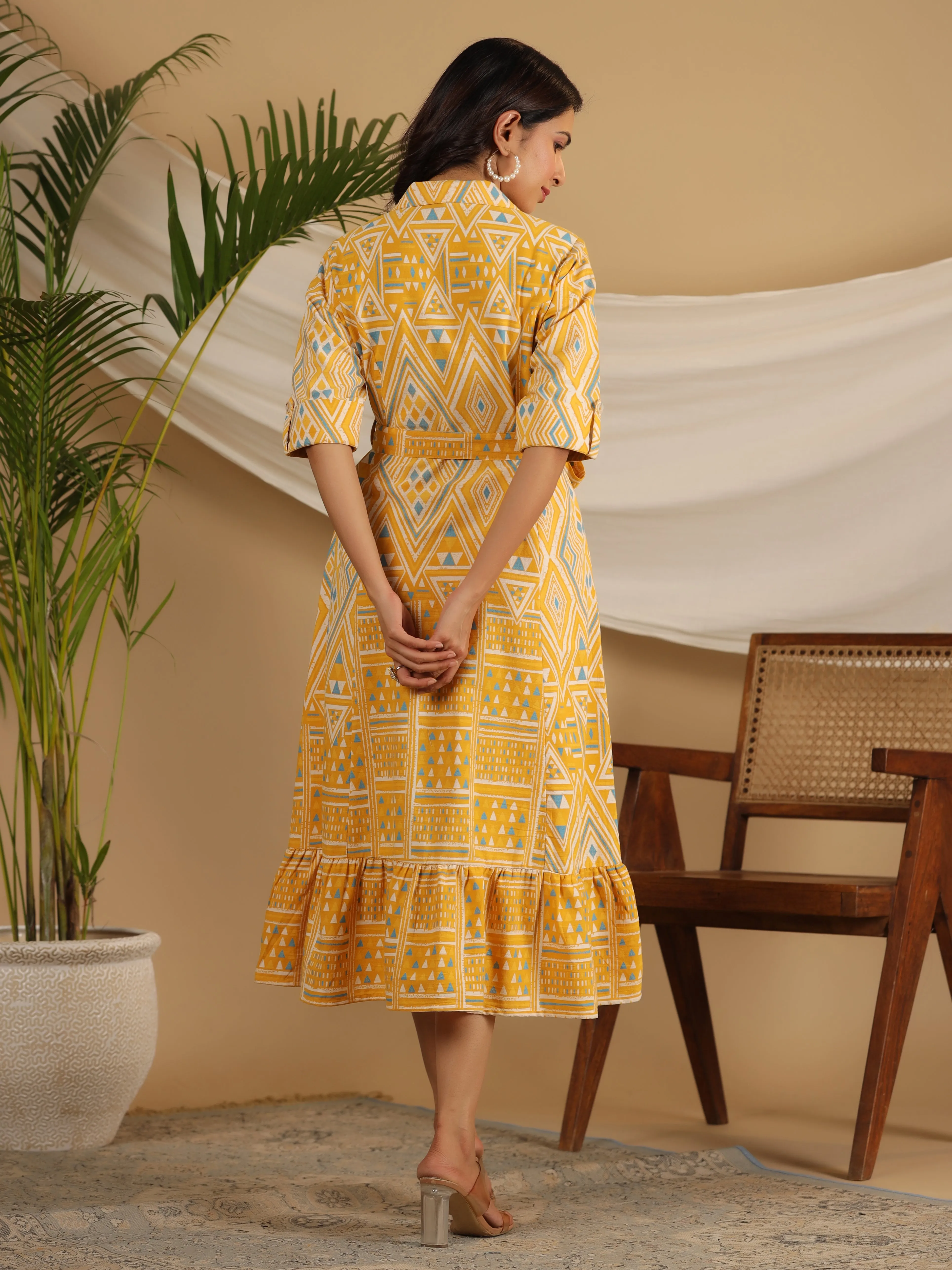 Juniper Mustard Geometric Printed Cotton Flex Shirt Style Dress With Belt