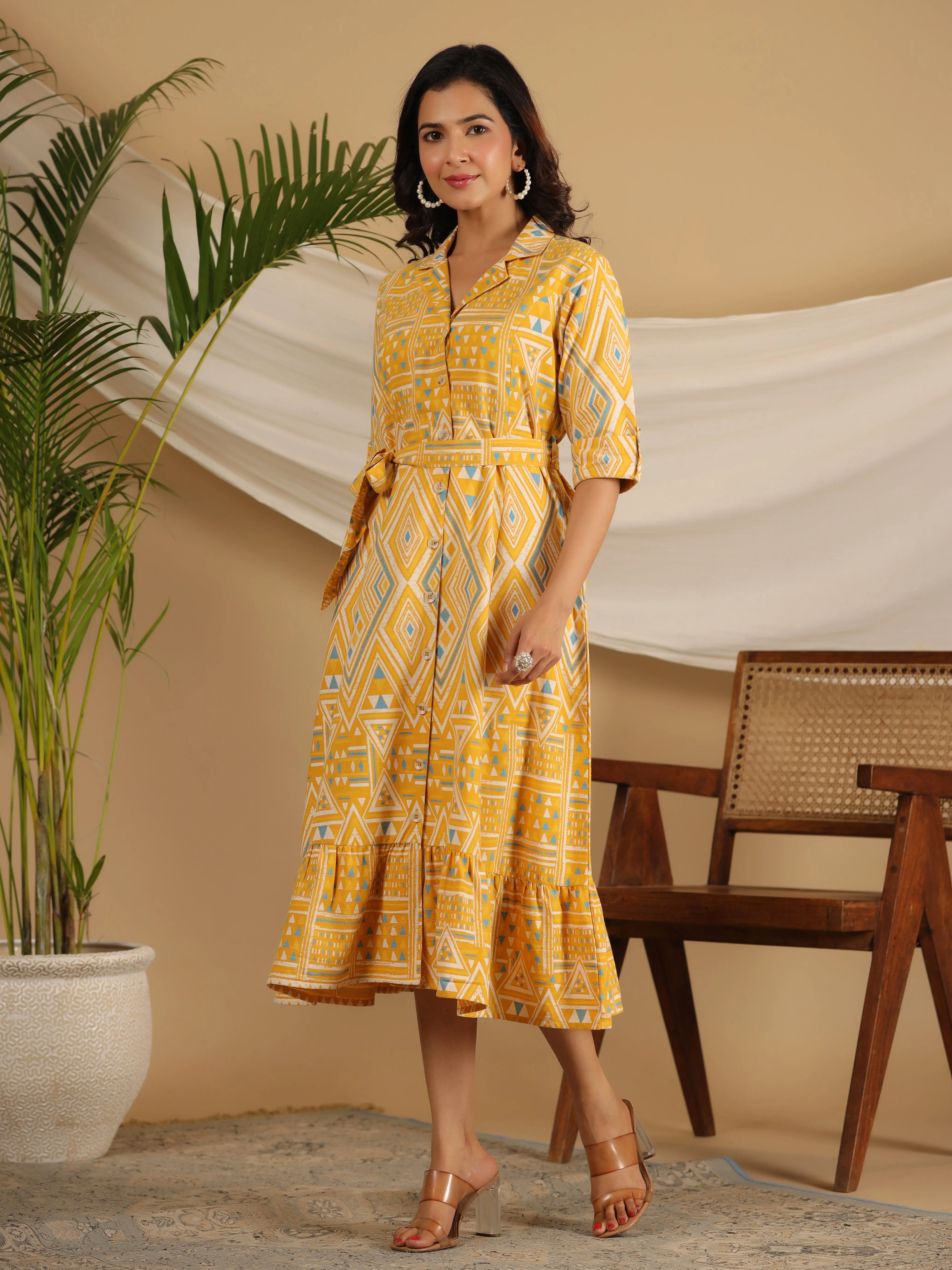 Juniper Mustard Geometric Printed Cotton Flex Shirt Style Dress With Belt