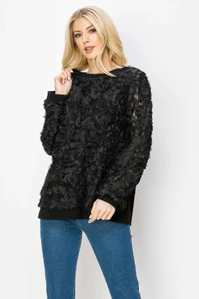 LACE FLOWER SWIRL SLEEVE BLACK TOP