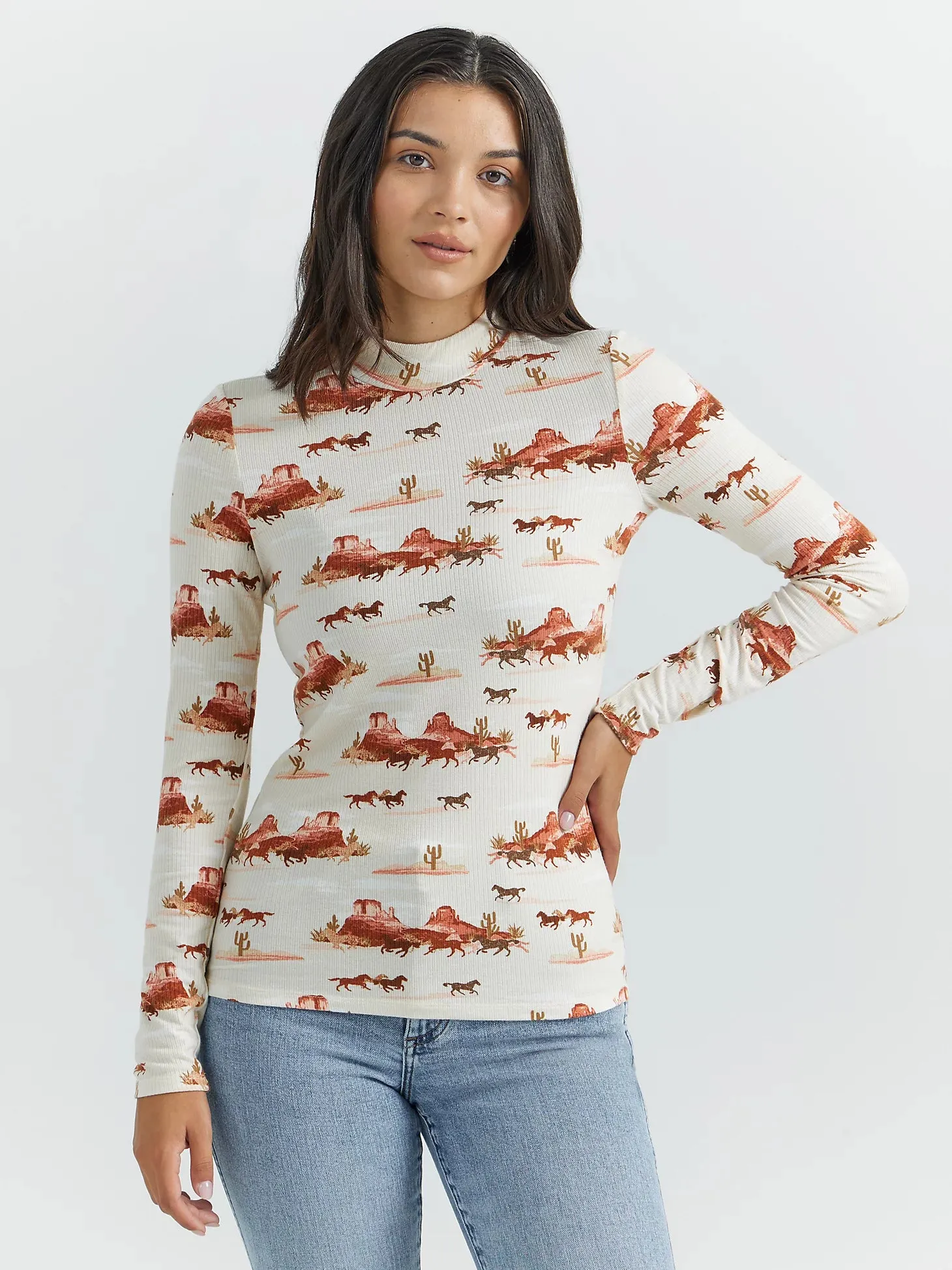 Ladies Wrangler Horse Print Mock Neck Shirt in Creamsicle - 112353207