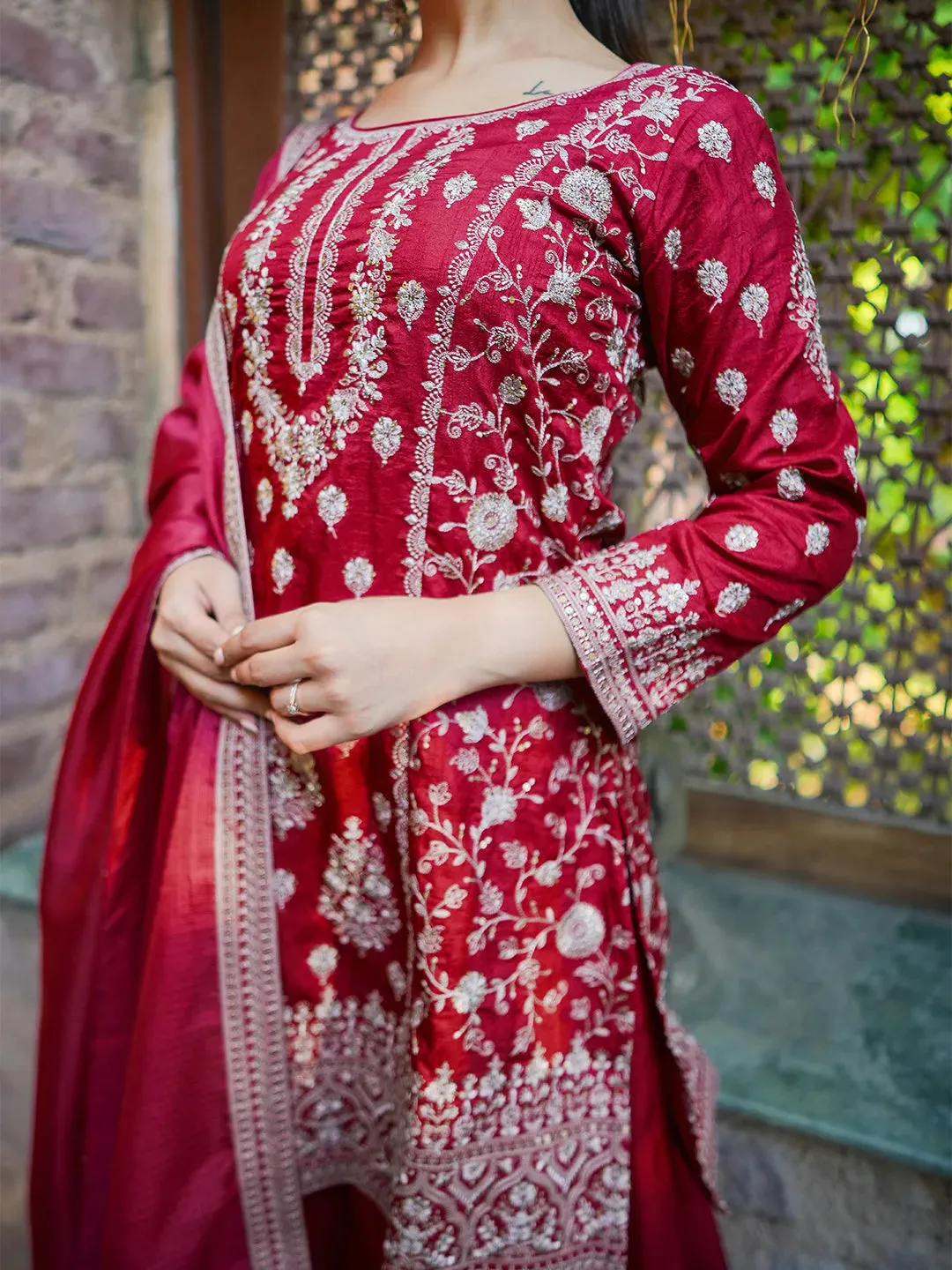 Libas Art Pink Embroidered Silk Straight Suit With Dupatta