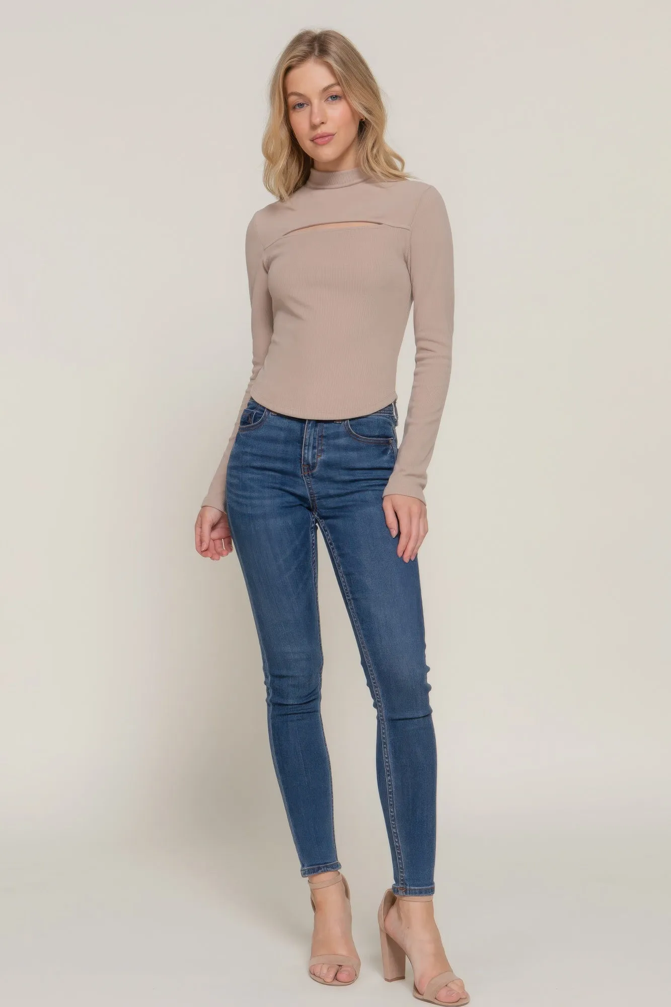 Long sleeve mock neck kyehole rib knit top