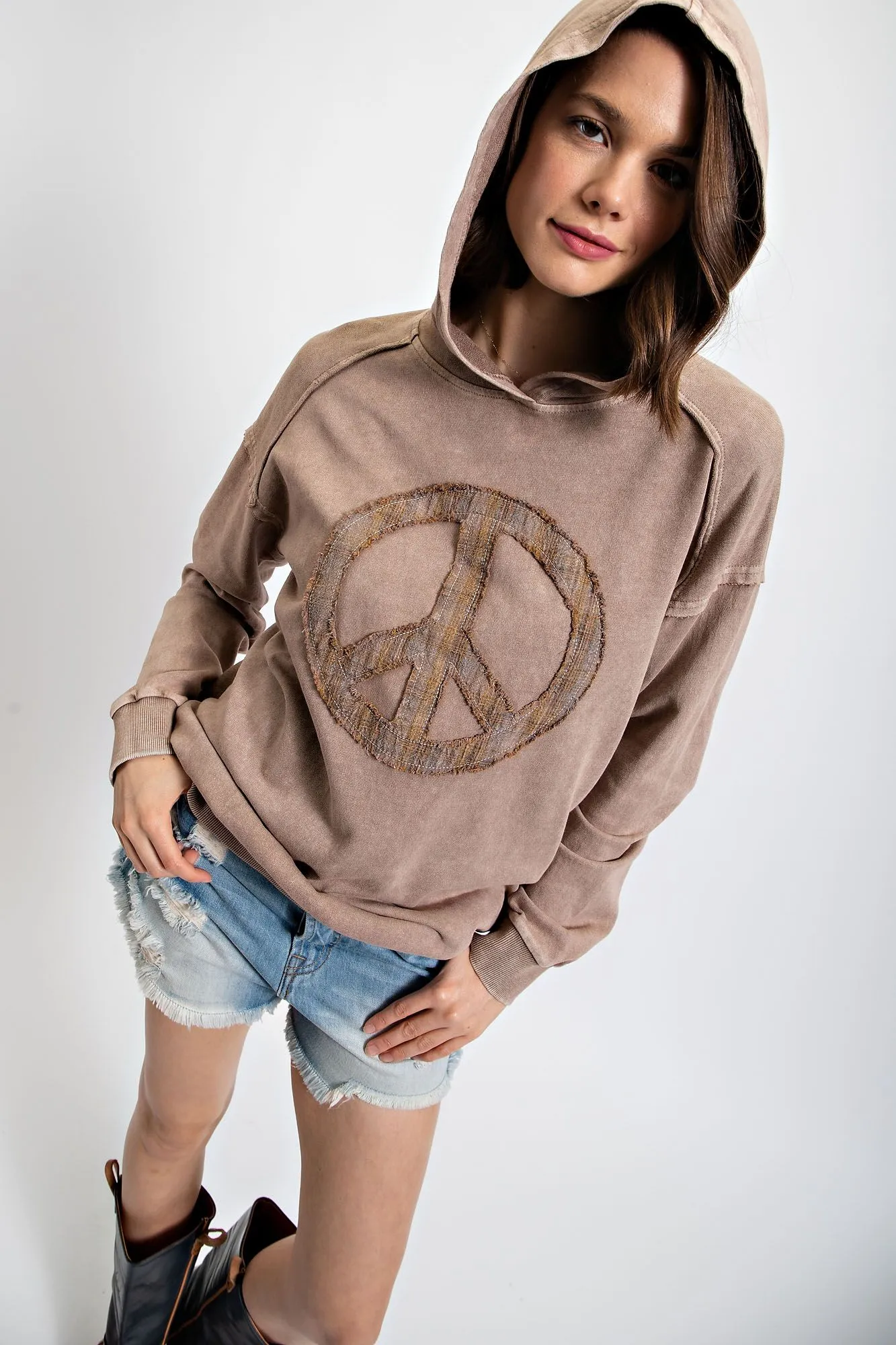 Long Sleeve Peace Sign Patch Mineral Wash Hooded Top