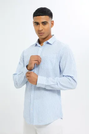 Men Blue Plain Sucker Shirt