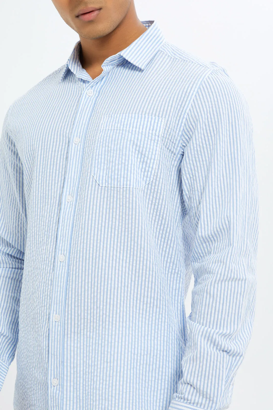 Men Blue Plain Sucker Shirt