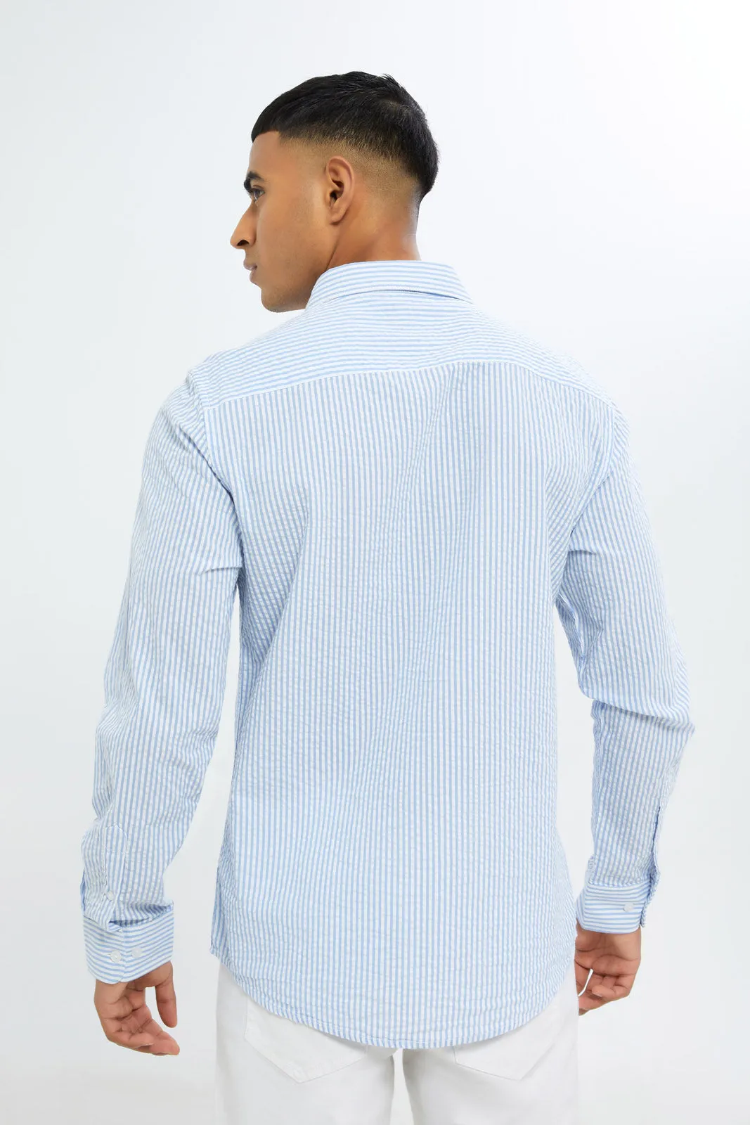 Men Blue Plain Sucker Shirt